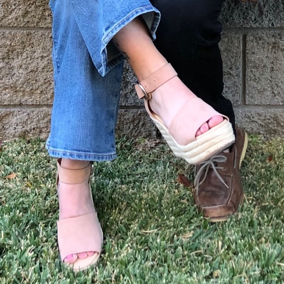 Nine West Shoes - Nine West Light Pink Suede Open Toe Wedges